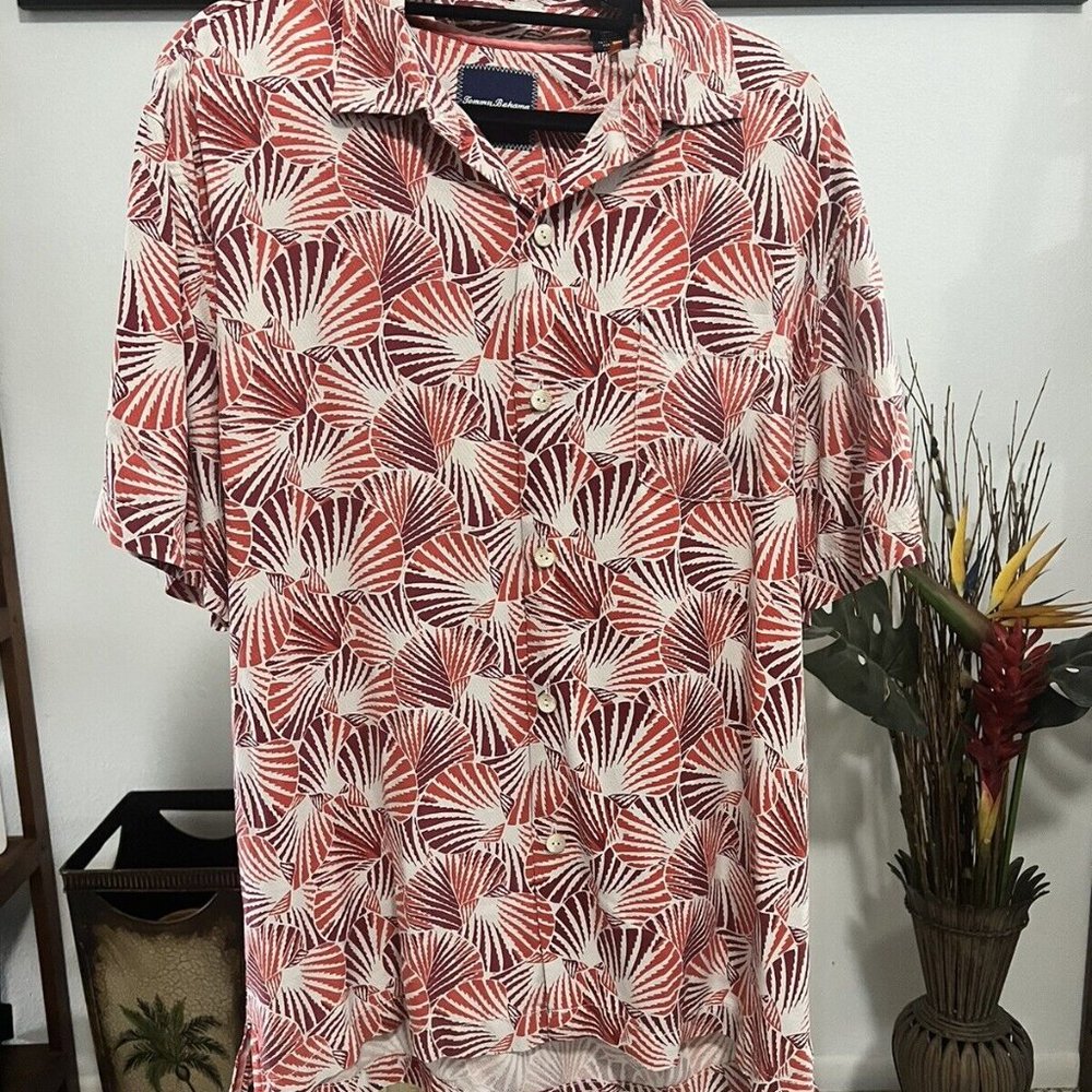 Men's Tommy Bahama 100% Silk Button Down Shirt Large Orange Red Casual Stunning - Picture 2 of 6